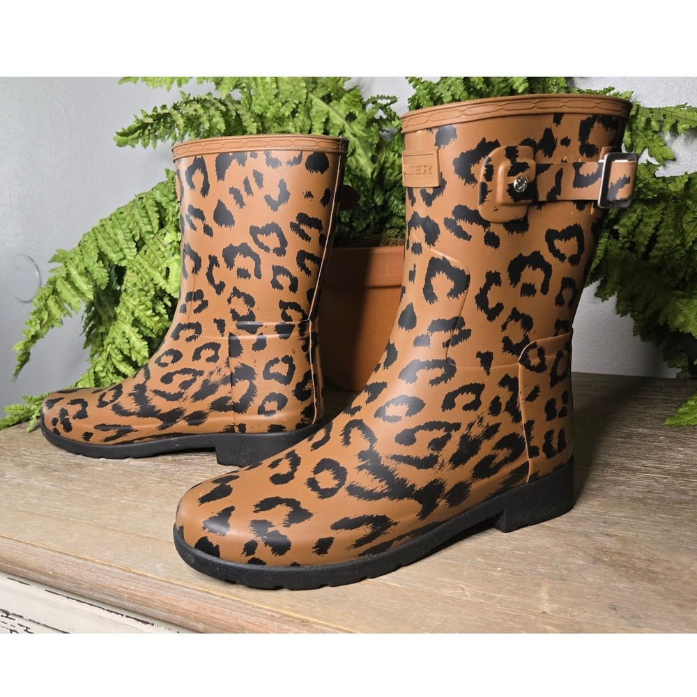 Hunter Original Short Leopard Print Rain Boots Brown Black Women's US 6
